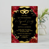 仮装パーティー金ゴールドレッドローズレースキンセアニェラ 箔招待状 (立ち正面)