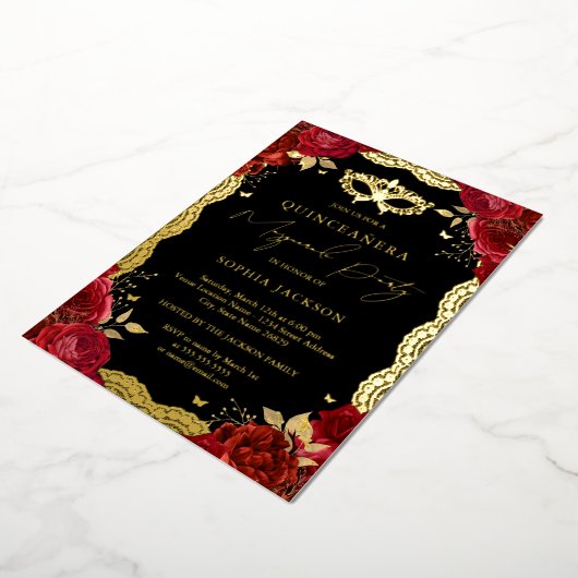 仮装パーティー金ゴールドレッドローズレースキンセアニェラ 箔招待状 (回転した状態)