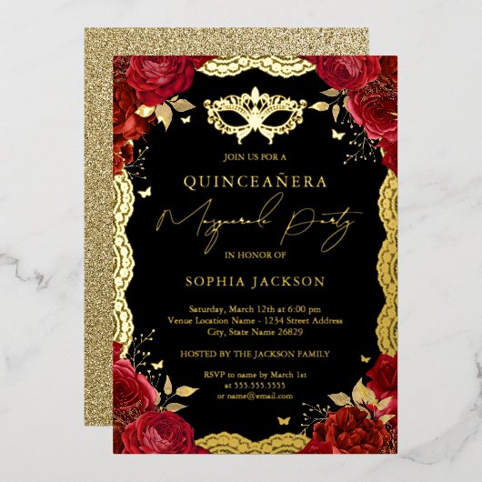 仮装パーティー金ゴールドレッドローズレースキンセアニェラ 箔招待状 (正面/裏面)