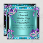 仮装パープルティール（緑がかった色）マスク誕生日パーティー 招待状 (正面/裏面)