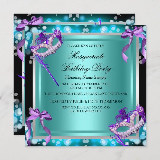 仮装パープルティール（緑がかった色）マスク誕生日パーティー 招待状 (正面/裏面)