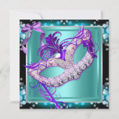 仮装パープルティール（緑がかった色）マスク誕生日パーティー 招待状 (裏面)