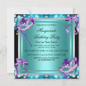 仮装パープルティール（緑がかった色）マスク誕生日パーティー 招待状 (正面)