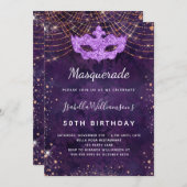 仮装パープルバラ金ゴールドグリッター誕生日パーティー 招待状 (正面/裏面)