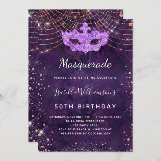 仮装パープルバラ金ゴールドグリッター誕生日パーティー 招待状 (正面/裏面)