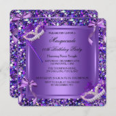 仮装パープルマスクグリッター誕生日パーティー 招待状 (正面/裏面)