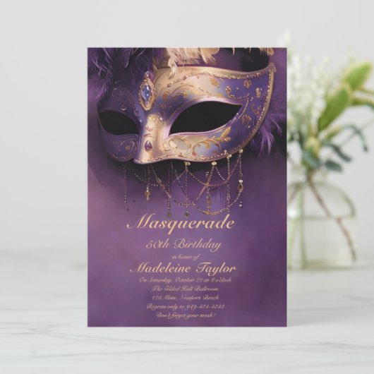 仮装パープル金ゴールドヴェネツィアマスク50誕生日 招待状 (スタンド正面)