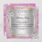 仮装ピンク金ゴールドスノーフレーク銀色マスク 招待状 (正面/裏面)