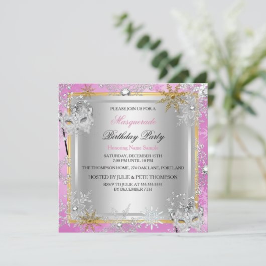 仮装ピンク金ゴールドスノーフレーク銀色マスク 招待状 (スタンド正面)