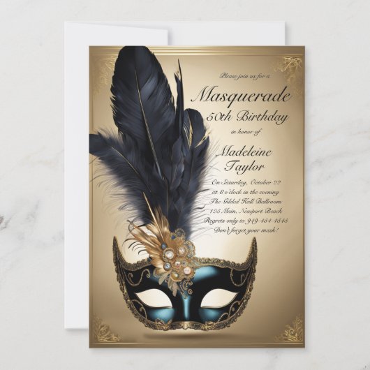 仮装ブラック金ゴールドヴェネツィアマスク50誕生日 招待状 (正面)