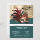 仮装ベネチアンマスクの羽ブライダルシャワー 招待状 (正面)