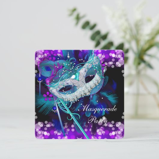 仮装ボールパーティーティール(緑がかった色)ブルーパープルマスク2 招待状 (スタンド正面)