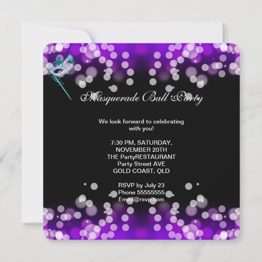 仮装ボールパーティーティール（緑がかった色）ブルーパープルマスク2 招待状 (裏面)
