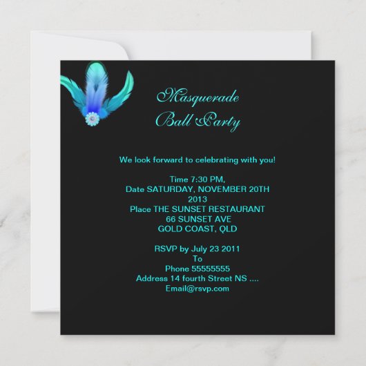 仮装ボールパーティーティール（緑がかった色）ブルーパープルマスク3 招待状 (裏面)