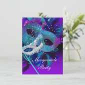 仮装ボールパーティーティール(緑がかった色)ブルーパープルマスク 招待状 (スタンド正面)