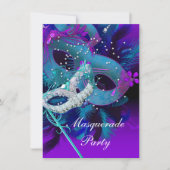 仮装ボールパーティーティール(緑がかった色)ブルーパープルマスク 招待状 (正面)