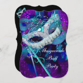 仮装ボールパーティーティール（緑がかった色）ブルーパープルマスクB 招待状 (正面/裏面)