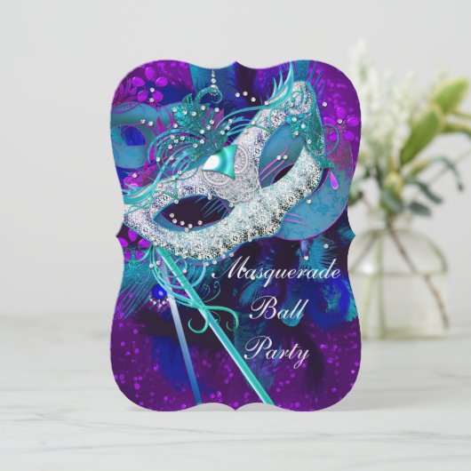 仮装ボールパーティーティール（緑がかった色）ブルーパープルマスクB 招待状 (スタンド正面)