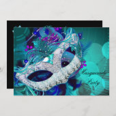 仮装ボールパーティーティール（緑がかった色）ブルーパープルマスクE 招待状 (正面/裏面)