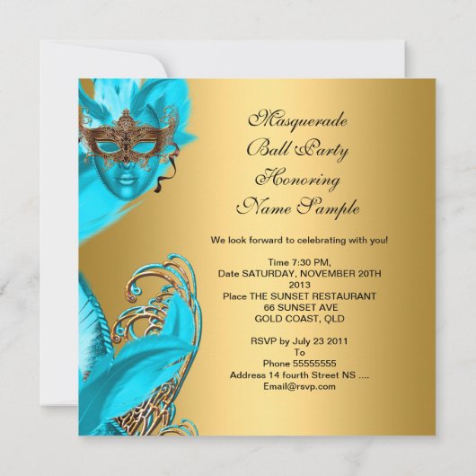 仮装ボールパーティーティール（緑がかった色）ブルーマスク金ゴールド3 招待状 (裏面)