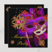 仮装ボールパーティーパープルピンク黒マスク 招待状 (正面/裏面)