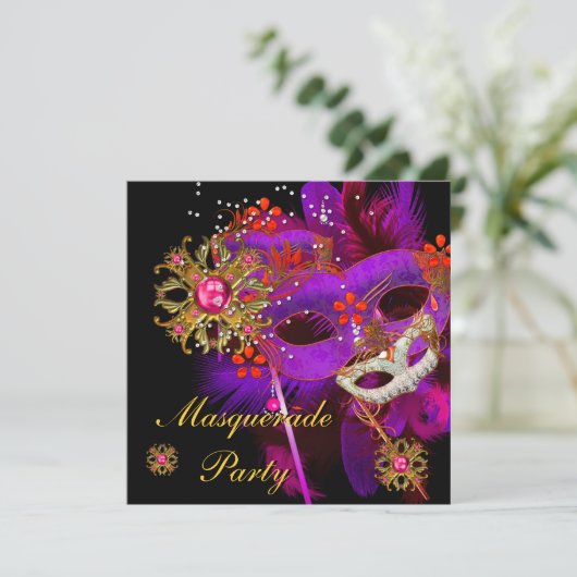 仮装ボールパーティーパープルピンク黒マスク 招待状 (スタンド正面)