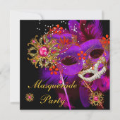 仮装ボールパーティーパープルピンク黒マスク 招待状 (正面)