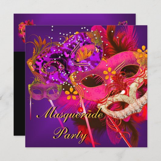 仮装ボールパーティーピンクオレンジ紫マスク 招待状 (正面/裏面)