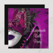仮装ボールパーティーマスクブラックピンクパープルガール 招待状 (正面/裏面)