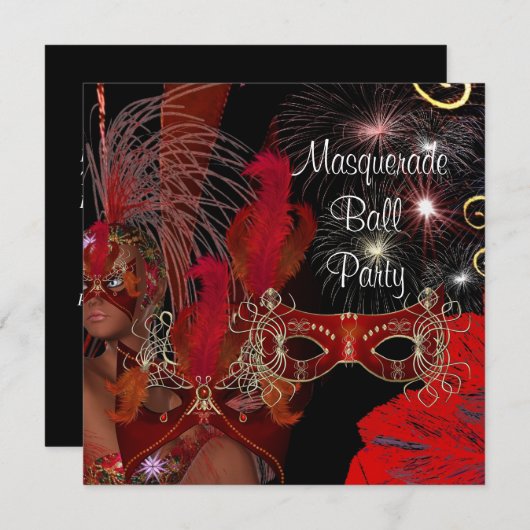 仮装ボールパーティーマスクブラックレッドショーガール3 招待状 (正面/裏面)