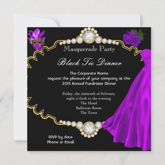 仮装ボールパープルブラックタイディナーパーティー 招待状 (裏面)