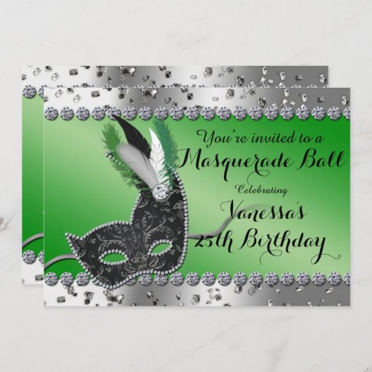 仮装ボールマスクグリーンシルバーパーティの招待状 招待状 (正面/裏面)
