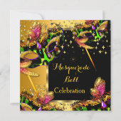 仮装ボール仮面パーティー金ゴールドお祝い 招待状 (正面)