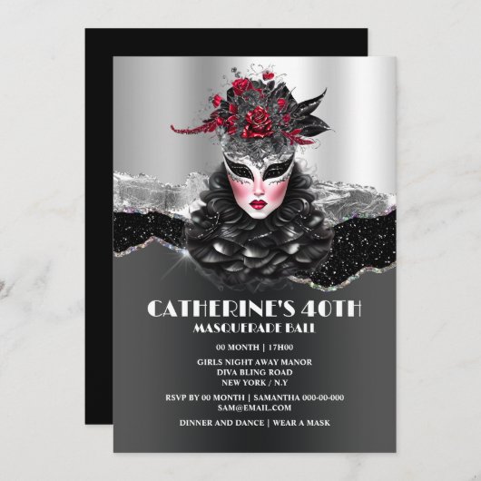 仮装ボール女の子のバースデーグエレガントラムマスク 招待状 (正面/裏面)