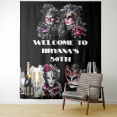 仮装ボール誕生日ピンクの黒いシルバーマスク タペストリー (インサイチュ)