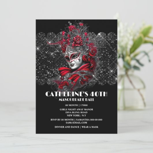 仮装ボール誕生日ベネチアンマスクバラフローラ 招待状 (スタンド正面)