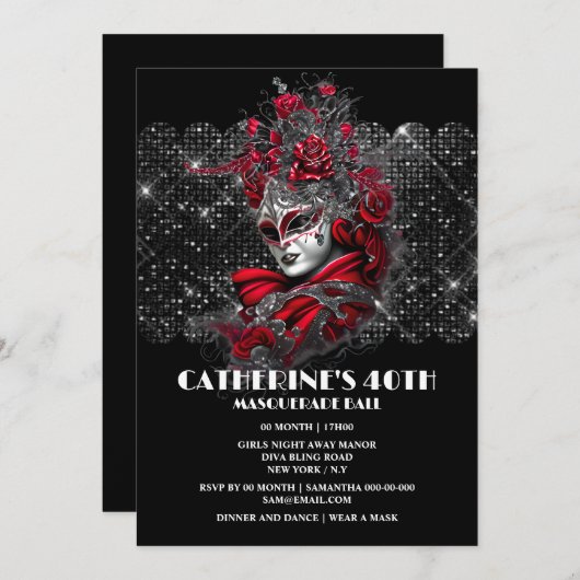 仮装ボール誕生日ベネチアンマスクバラフローラ 招待状 (正面/裏面)