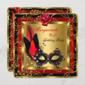 仮装ボール金ゴールドレッドブラックマスクバラ 招待状 (正面/裏面)