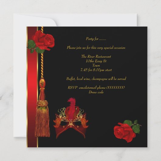 仮装マスクエレガントブラックレッドローズ金ゴールド 招待状 (裏面)