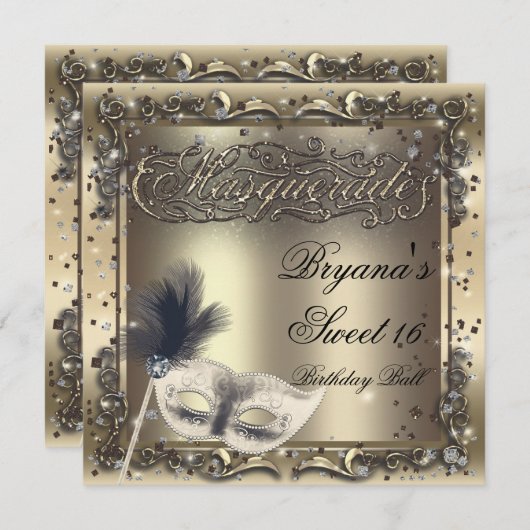 仮装マスクエレガント金ゴールド誕生会 招待状 (正面/裏面)