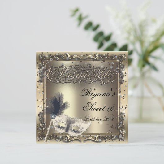 仮装マスクエレガント金ゴールド誕生会 招待状 (スタンド正面)