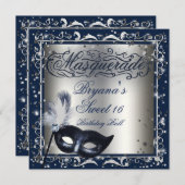仮装マスクシルバー&ブルー王室のバースデーパーティー 招待状 (正面/裏面)