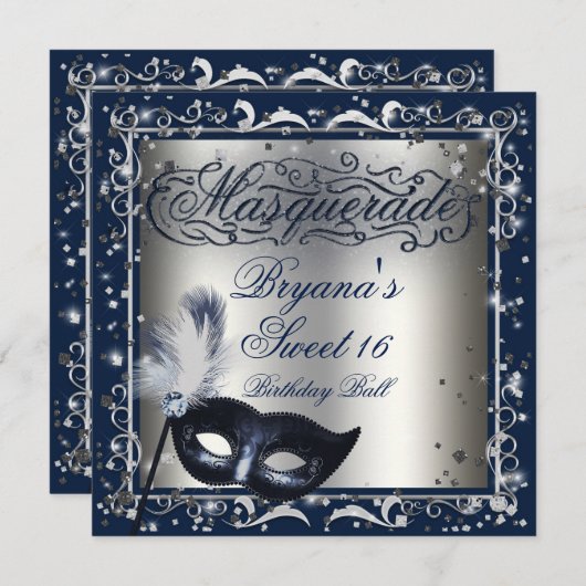 仮装マスクシルバー&ブルー王室のバースデーパーティー 招待状 (正面/裏面)