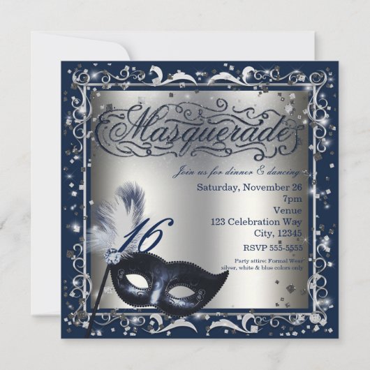 仮装マスクシルバー&ブルー王室のバースデーパーティー 招待状 (裏面)