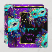 仮装マスクティール(緑がかった色)ブルーパープル誕生日パーティー 招待状 (正面/裏面)