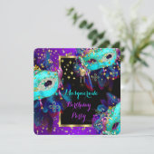 仮装マスクティール(緑がかった色)ブルーパープル誕生日パーティー 招待状 (スタンド正面)