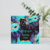 仮装マスクティール(緑がかった色)ブルーピンク誕生日パーティー 招待状 (スタンド正面)