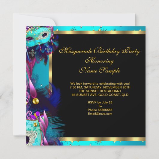 仮装マスクティール（緑がかった色）ブルーピンク誕生日パーティー 招待状 (裏面)