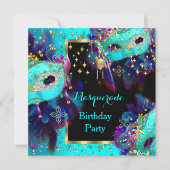 仮装マスクティール(緑がかった色)ブルーピンク誕生日パーティー 招待状 (正面)