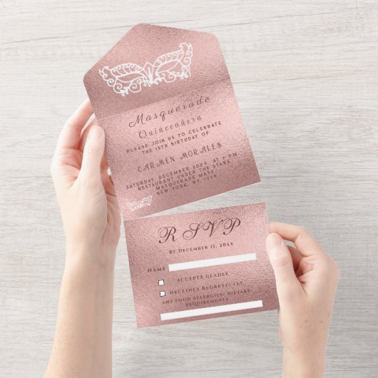 仮装マスクバラ金ゴールドピンクグリッターキンセアニェラ オールインワン招待状 (貼ってはがせる)